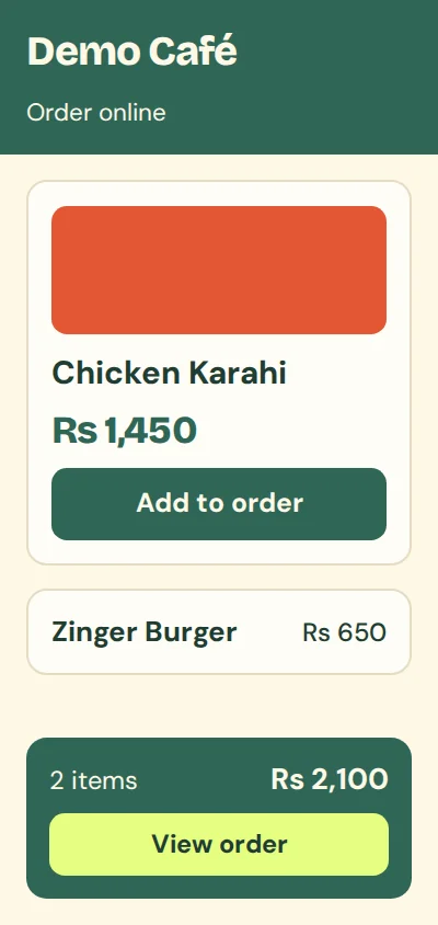 Branded online ordering page on a phone