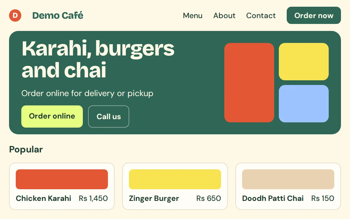 Shop website branded with the shop name and colours