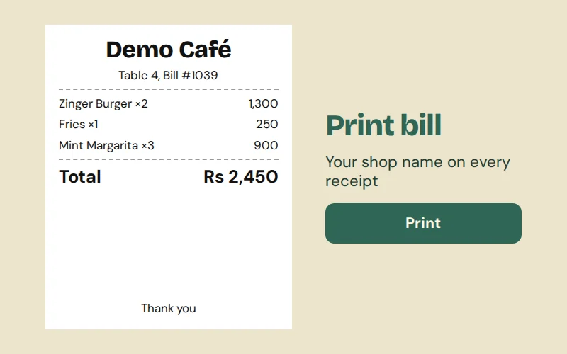 Printed bill with the shop name at the top