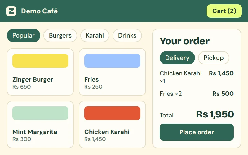 Cart with two items, delivery or pickup choice and a Place order button