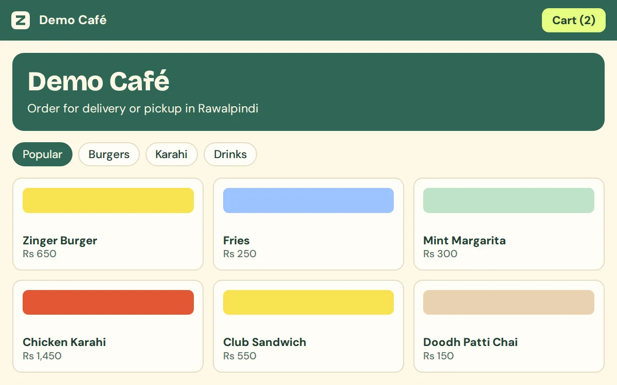 Online ordering page showing the shop menu