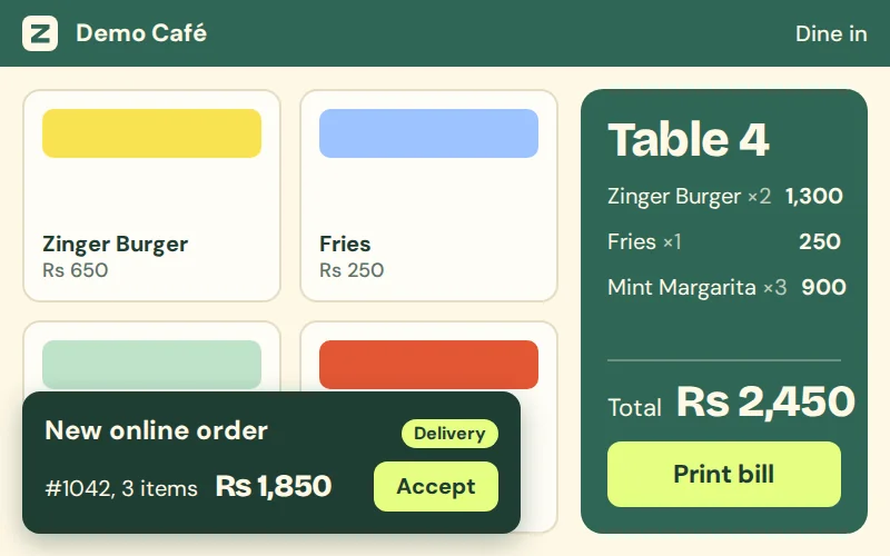 POS screen with a new online order alert and an Accept button