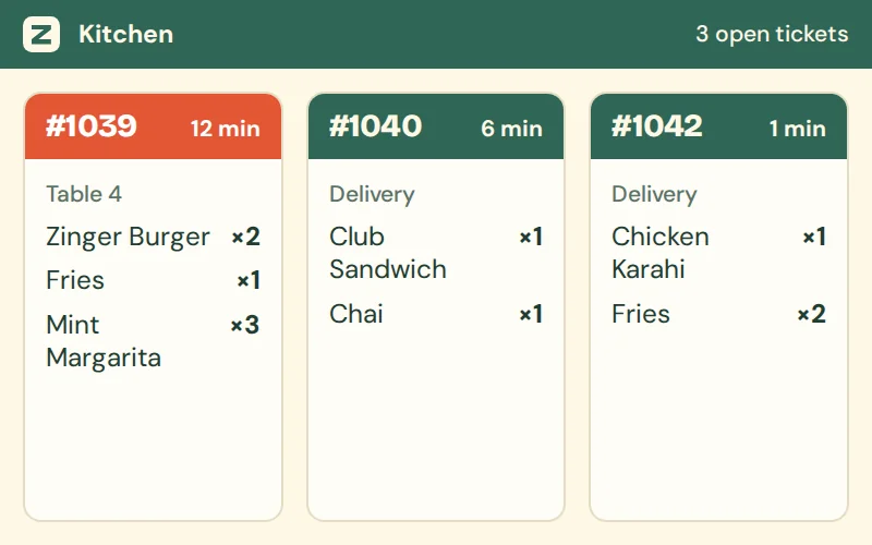 Kitchen screen with three open order tickets