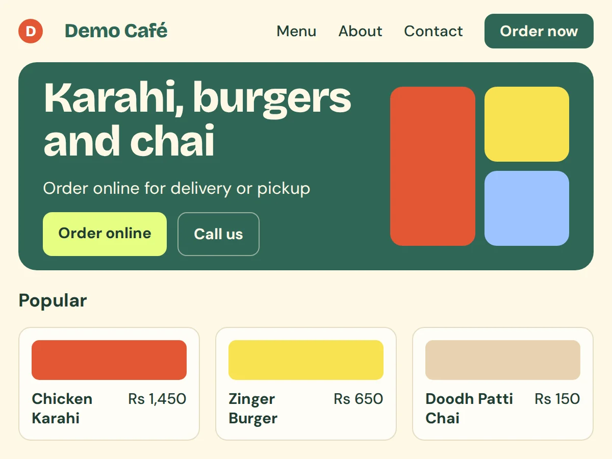 Shop website branded with the shop name and colours