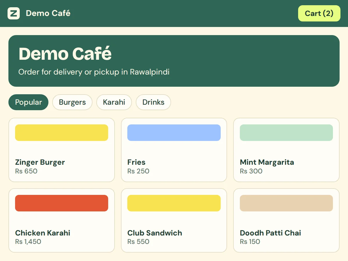 Online ordering page showing the shop menu